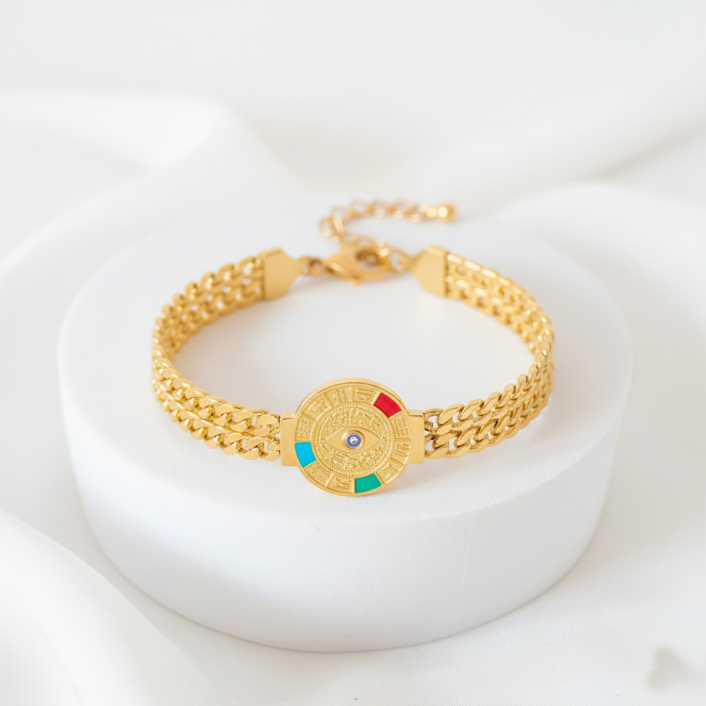 RemindraLux 18K Gold-Plated Double-Link Evil Eye Medallion Bracelet with Color Enamel Accents