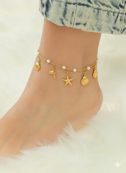 RemindraLux 18K Gold-Plated “Sea Tale” Double-Layer Pearl Charm Anklet