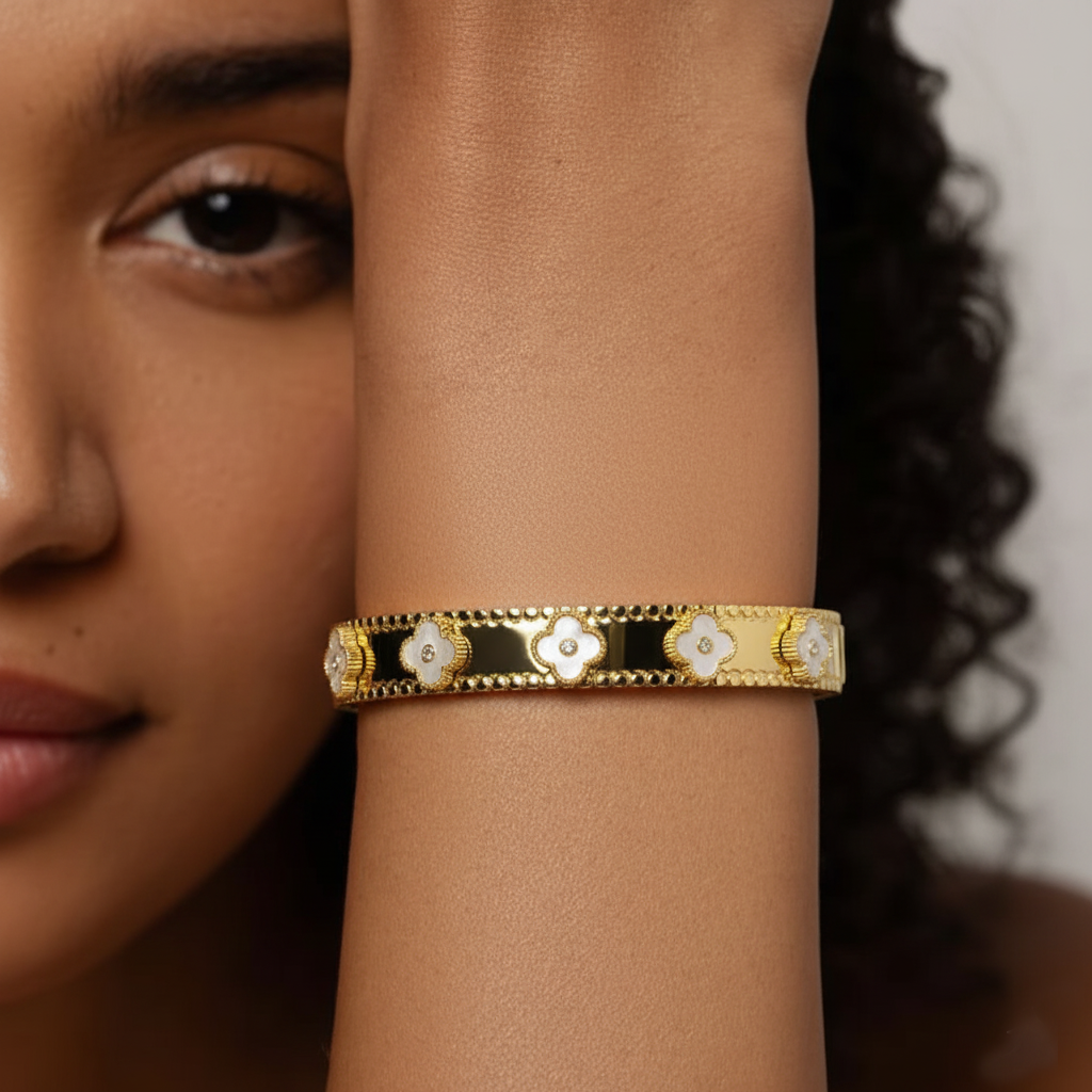 RemindraLux 18K Gold-Plated Beaded Edge Bangle with White Enamel Flowers