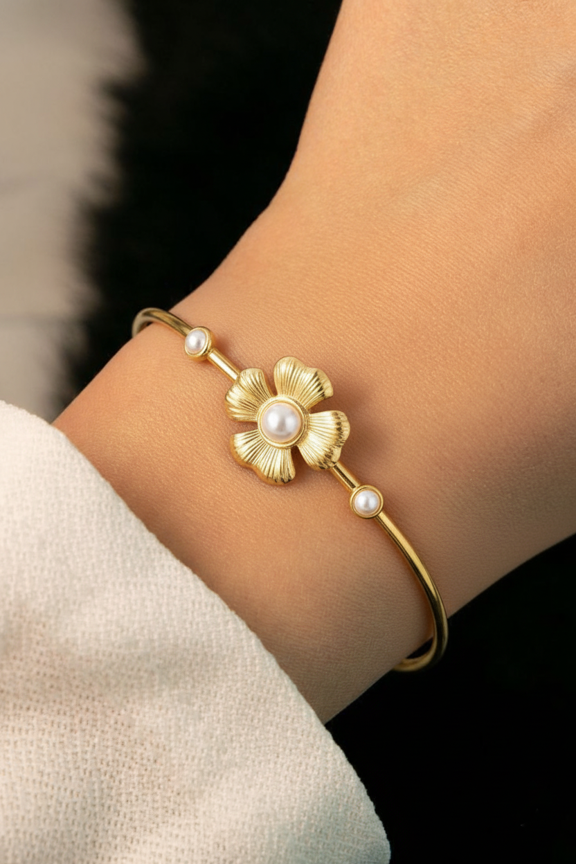 RemindraLux 18K Gold-Plated Pearl Blossom Open Cuff Bangle