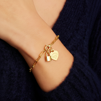 RemindraLux 18K Gold-Plated Heart Tag & Lock Charm Link Bracelet