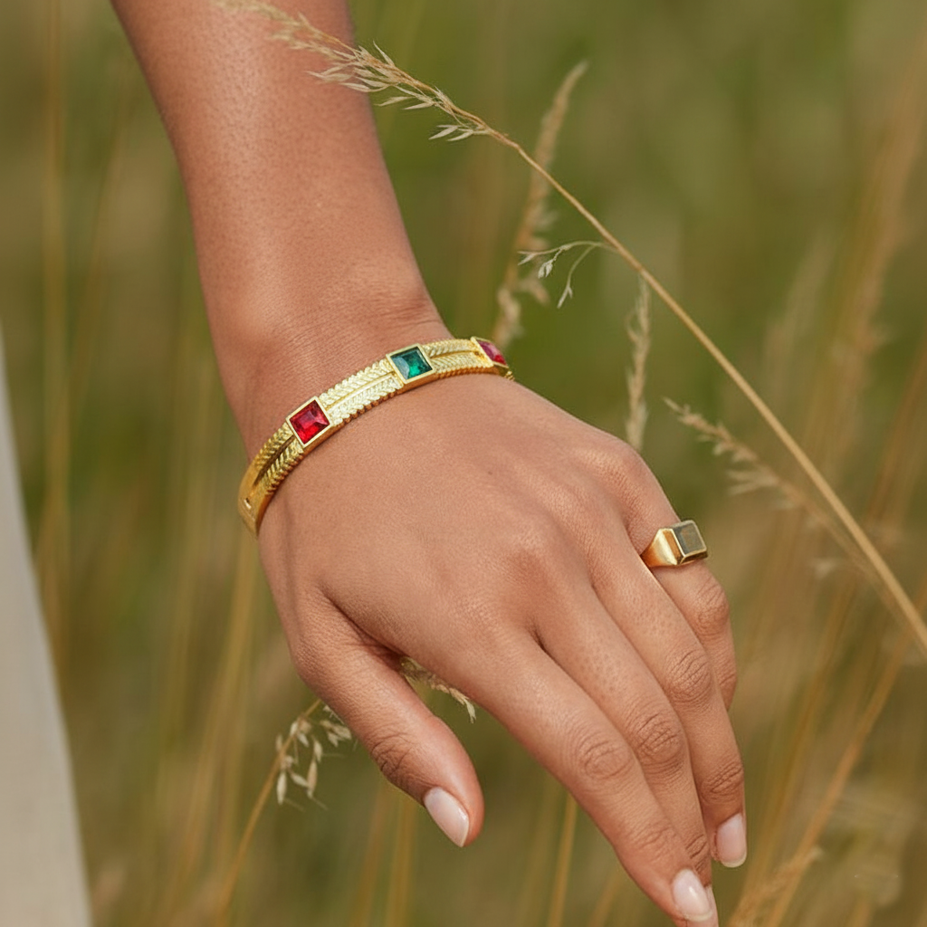 RemindraLux 18K Gold-Plated Color Tale Geometric Bangle