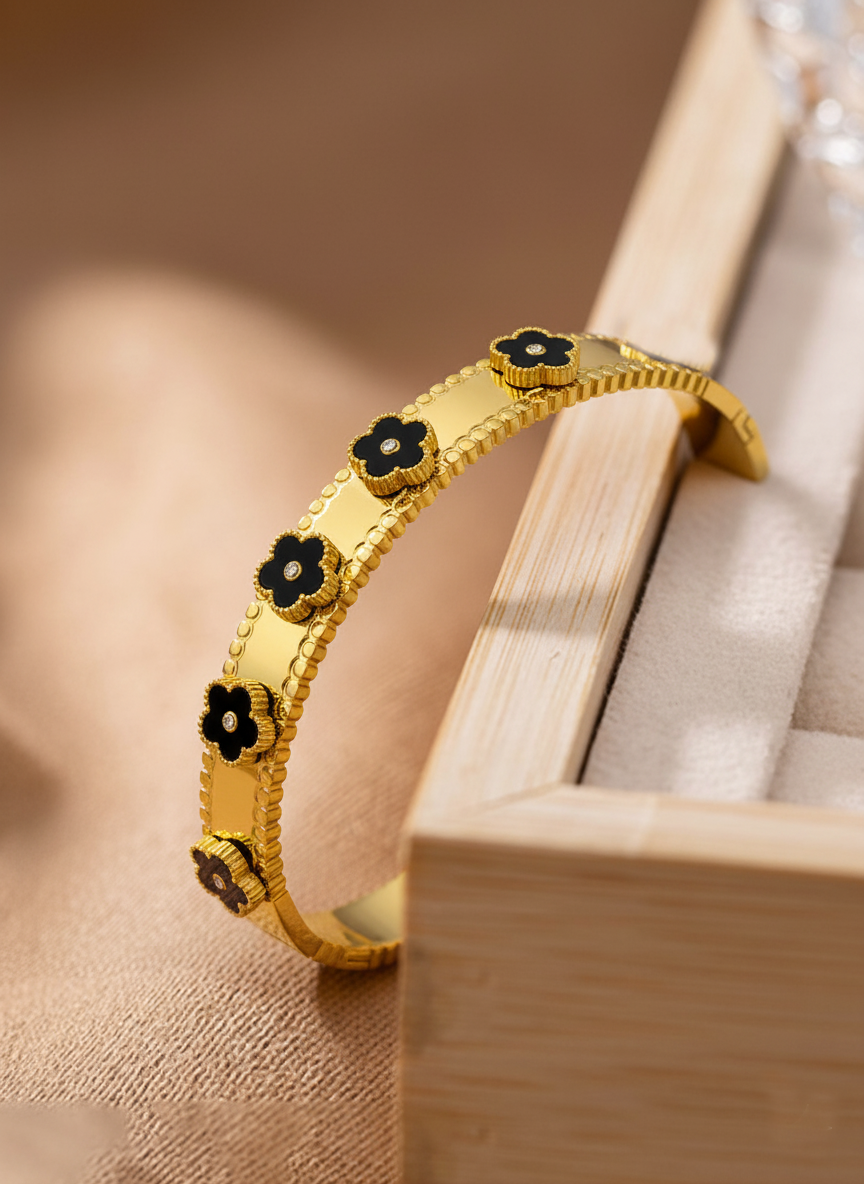 RemindraLux 18K Gold-Plated “Night Garden” Beaded-Edge Bangle – Black Floral Accents