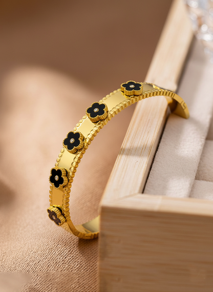 RemindraLux 18K Gold-Plated “Night Garden” Beaded-Edge Bangle – Black Floral Accents