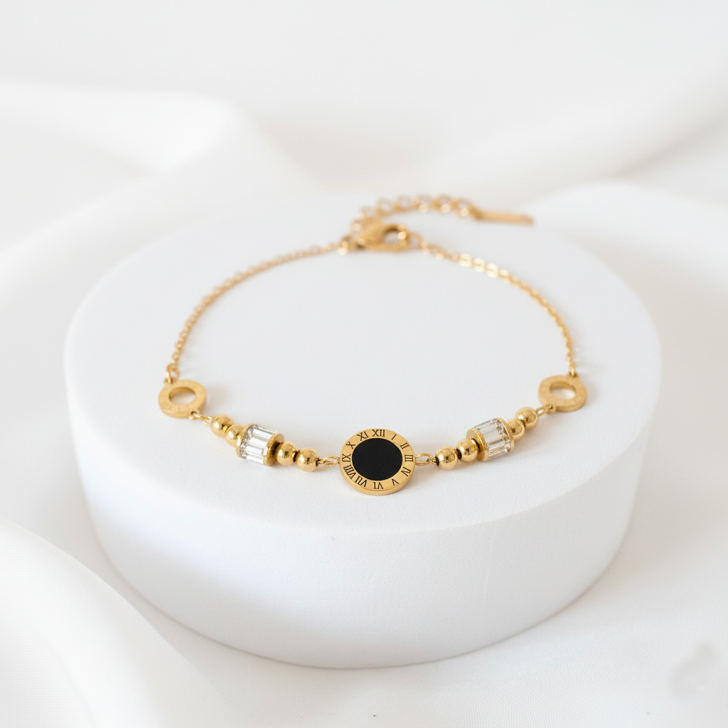 RemindraLux 18K Gold-Plated Time-Ring Station Bracelet, Black Enamel Center