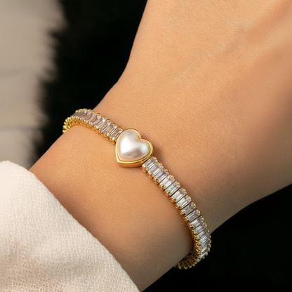 RemindraLux 18K Gold-Plated Pearl Heart & Crystal Tennis Bracelet