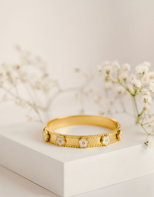 RemindraLux 18K Gold-Plated Beaded Edge Bangle with White Enamel Flowers