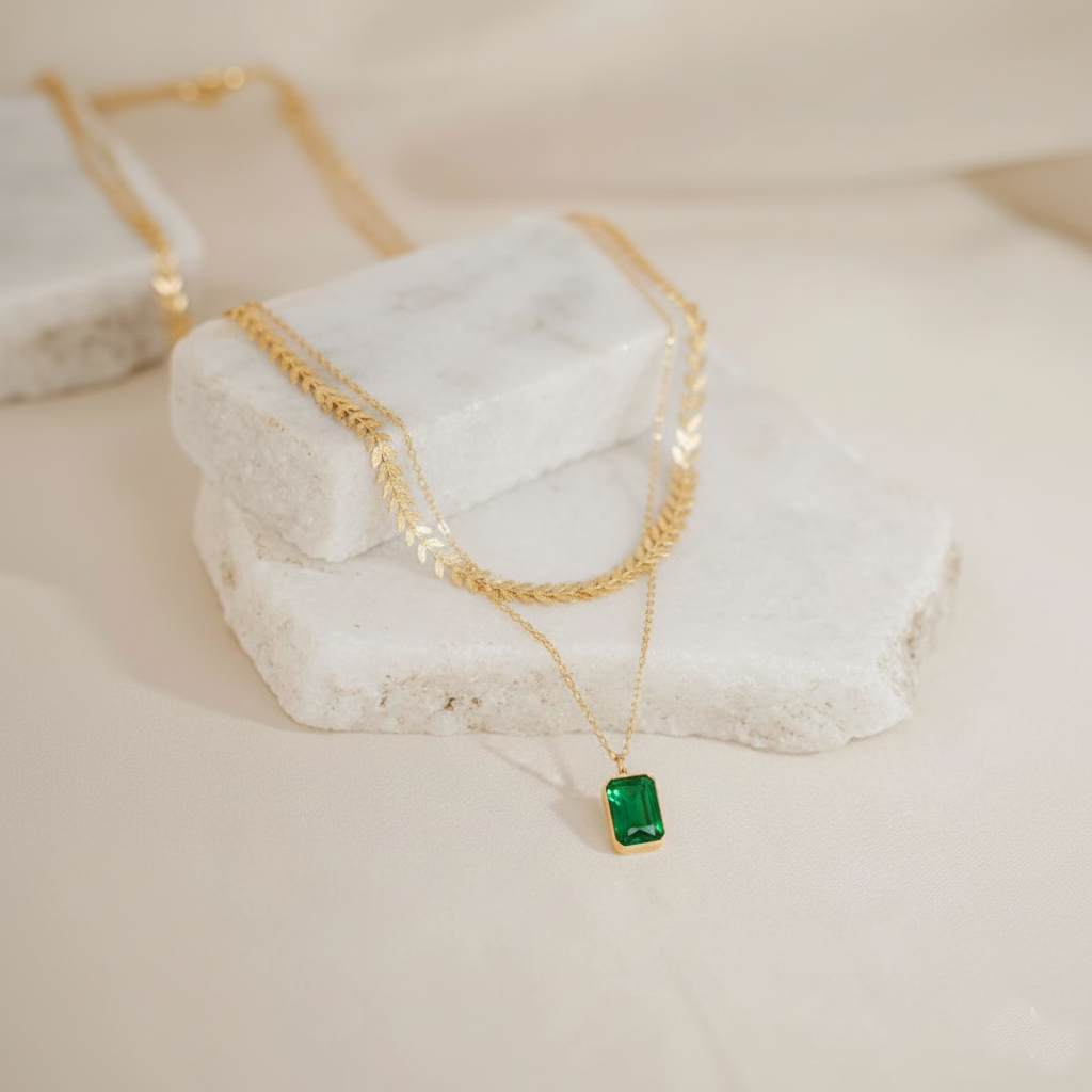 RemindraLux 18K Gold-Plated Laurel & Emerald Layered Necklace