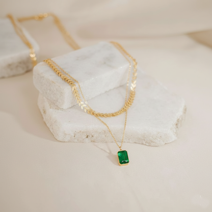 RemindraLux 18K Gold-Plated Laurel & Emerald Layered Necklace