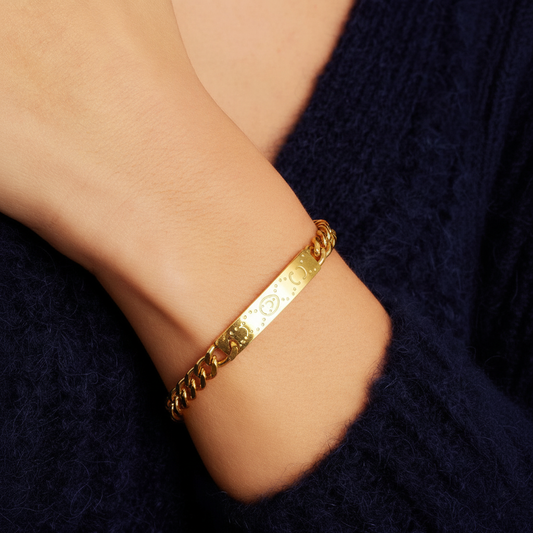 RemindraLux 18K Gold-Plated Cuban Link Engraved Heart Plate Bracelet