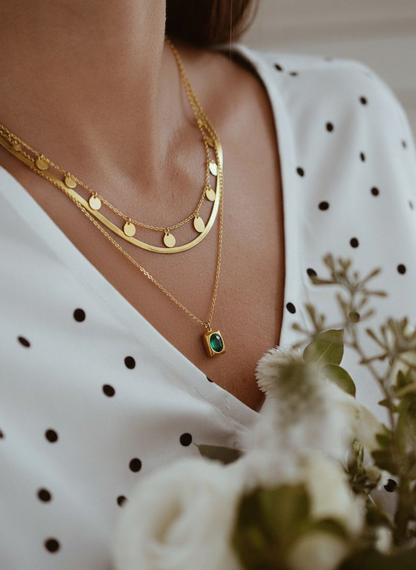 RemindraLux 18K Gold-Plated Layered Coin-Charm & Emerald-Green Pendant Necklace