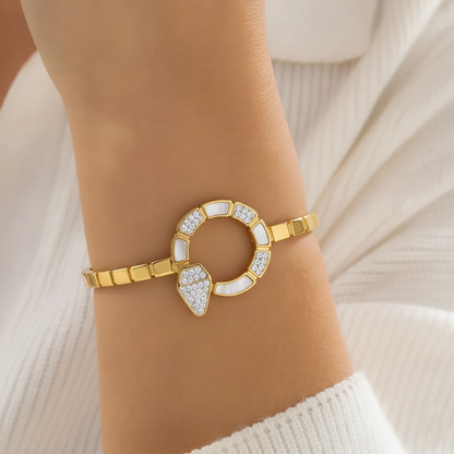 RemindraLux 18K Gold-Plated Geometric Open Ring Bangle with Pavé Accents