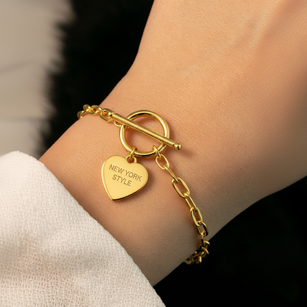 RemindraLux 18K Gold-Plated Heart Tag Chain-Link Toggle Bracelet