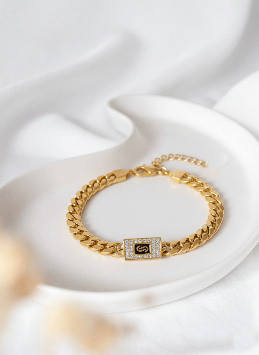 RemindraLux 18K Gold-Plated Monogram Pavé Plaque Curb Bracelet