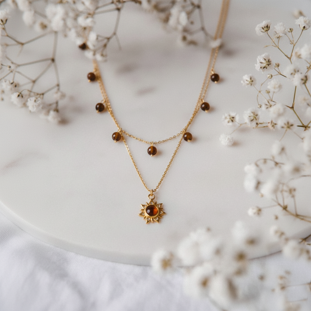 RemindraLux 18K Gold-Plated Dual-Layer Sunburst Gemstone Pendant Necklace