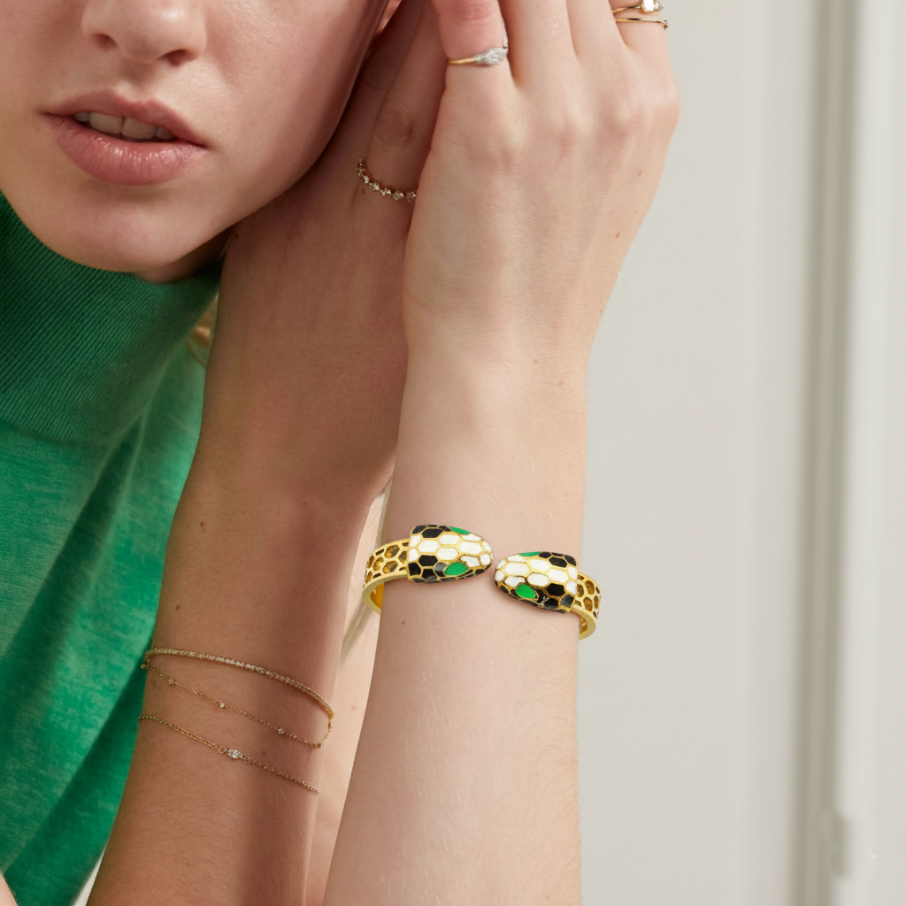 RemindraLux 18K Gold-Plated Serpent Embrace Bangle with Enamel Scales & Emerald Eyes