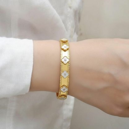RemindraLux 18K Gold-Plated Beaded Edge Bangle with White Enamel Flowers