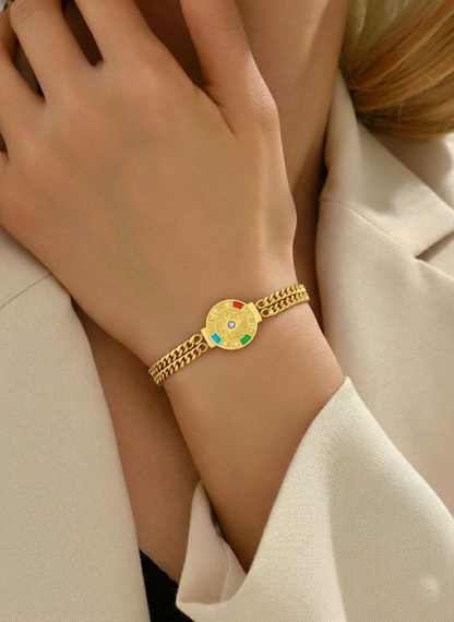 RemindraLux 18K Gold-Plated Double-Link Evil Eye Medallion Bracelet with Color Enamel Accents