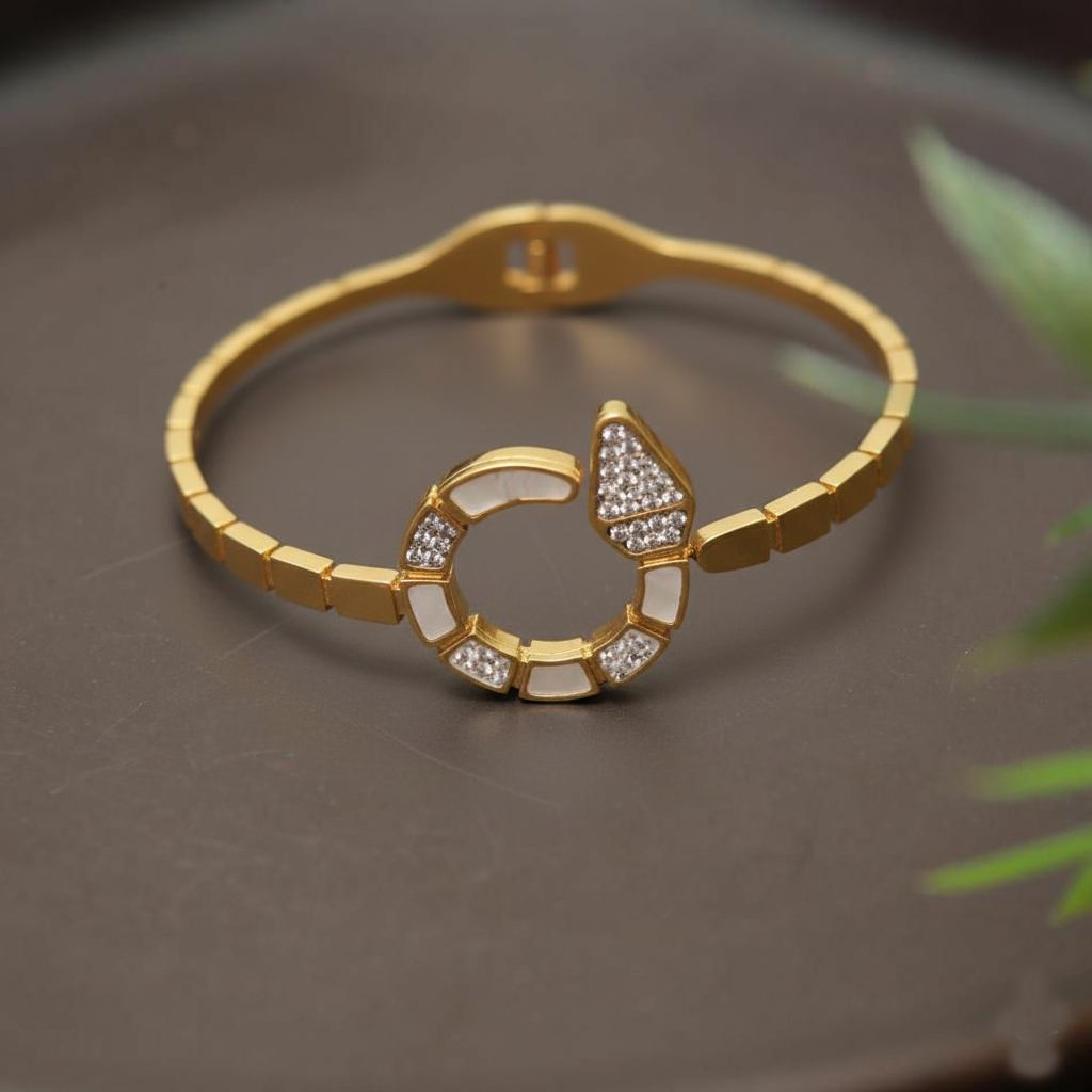 RemindraLux 18K Gold-Plated Geometric Open Ring Bangle with Pavé Accents