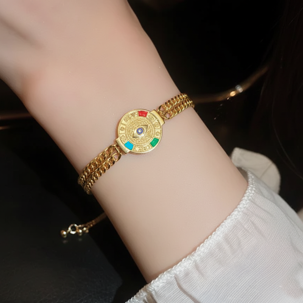 RemindraLux 18K Gold-Plated Double-Link Evil Eye Medallion Bracelet with Color Enamel Accents