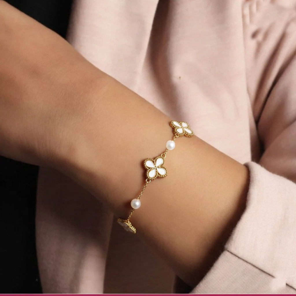 RemindraLux 18K Gold-Plated White Enamel Clover & Pearl Charm Bracelet