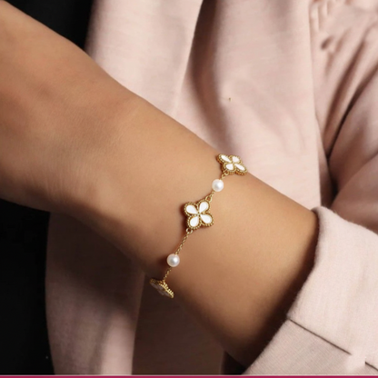 RemindraLux 18K Gold-Plated White Enamel Clover & Pearl Charm Bracelet