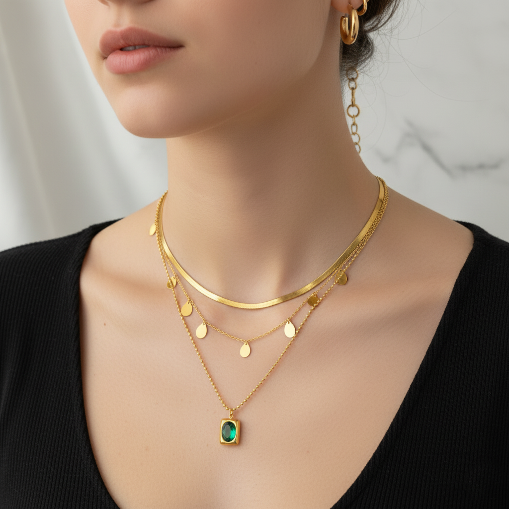 RemindraLux 18K Gold-Plated Layered Coin-Charm & Emerald-Green Pendant Necklace