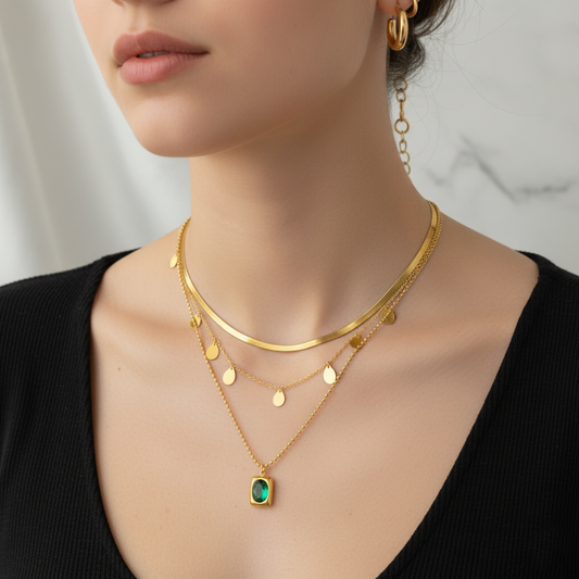 RemindraLux 18K Gold-Plated Layered Coin-Charm & Emerald-Green Pendant Necklace