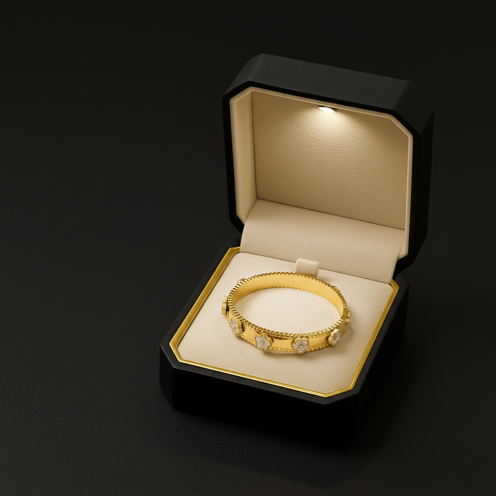 RemindraLux 18K Gold-Plated Beaded Edge Bangle with White Enamel Flowers