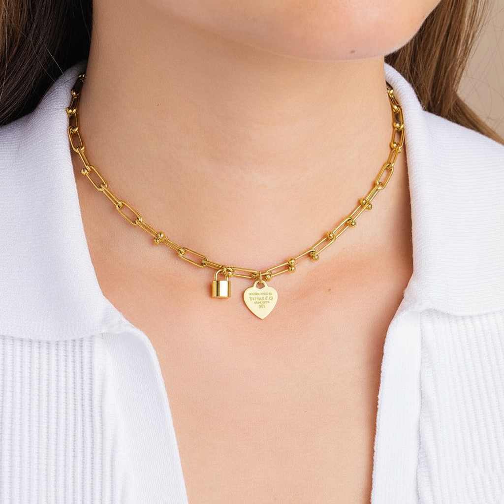 RemindraLux 18K Gold-Plated Heart Tag & Mini-Lock Beaded-Link Necklace