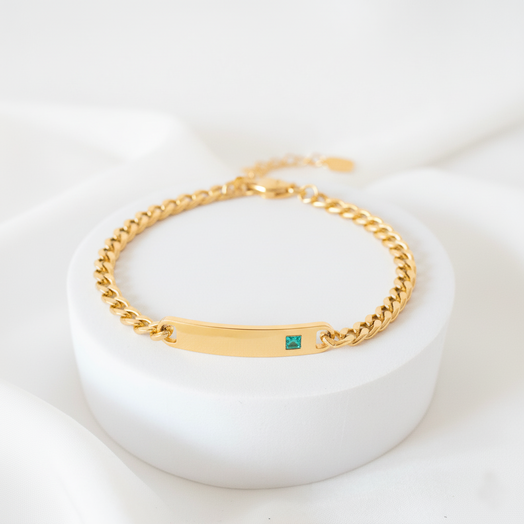 RemindraLux 18K Gold-Plated Cuban Link ID Plate Bracelet with Emerald-Green Accent