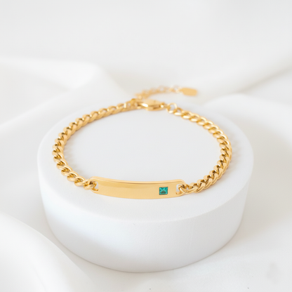 RemindraLux 18K Gold-Plated Cuban Link ID Plate Bracelet with Emerald-Green Accent