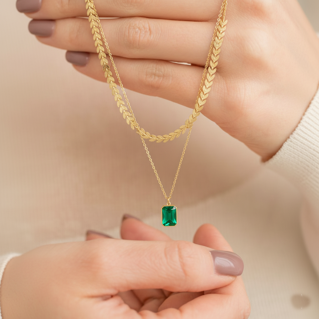 RemindraLux 18K Gold-Plated Laurel & Emerald Layered Necklace