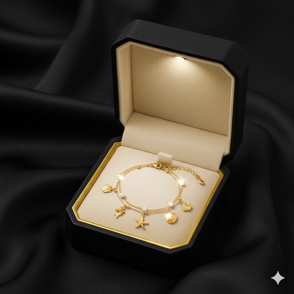 RemindraLux 18K Gold-Plated “Sea Tale” Double-Layer Pearl Charm Anklet