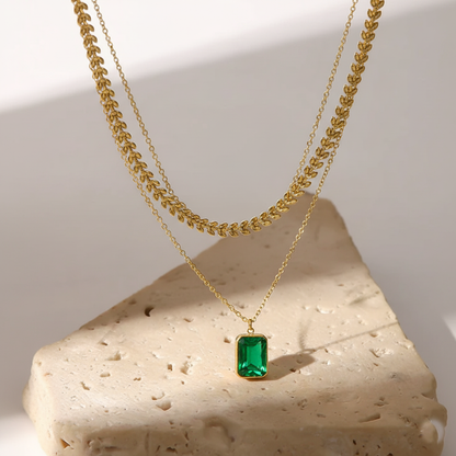 RemindraLux 18K Gold-Plated Laurel & Emerald Layered Necklace