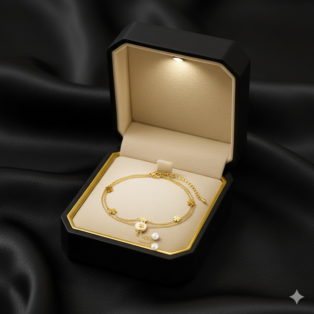 RemindraLux 18K Gold-Plated Multi-Flower Pearl-Drop Double-Chain Anklet