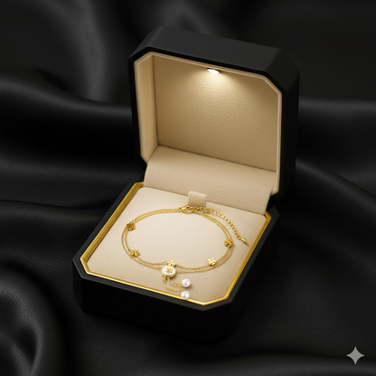 RemindraLux 18K Gold-Plated Multi-Flower Pearl-Drop Double-Chain Anklet