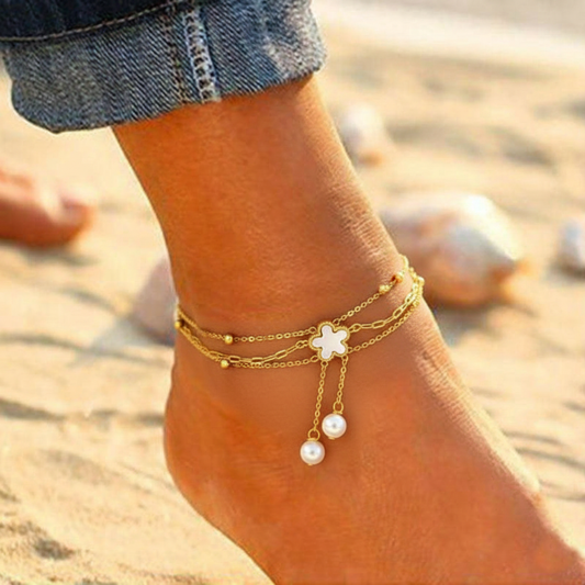 RemindraLux 18K Gold-Plated Flower Charm Double-Chain Anklet