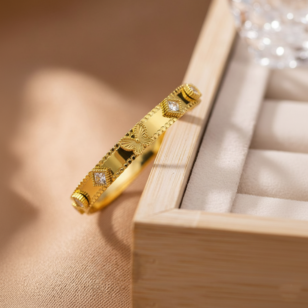 RemindraLux 18K Gold-Plated Butterfly Poise Beaded-Edge Bangle