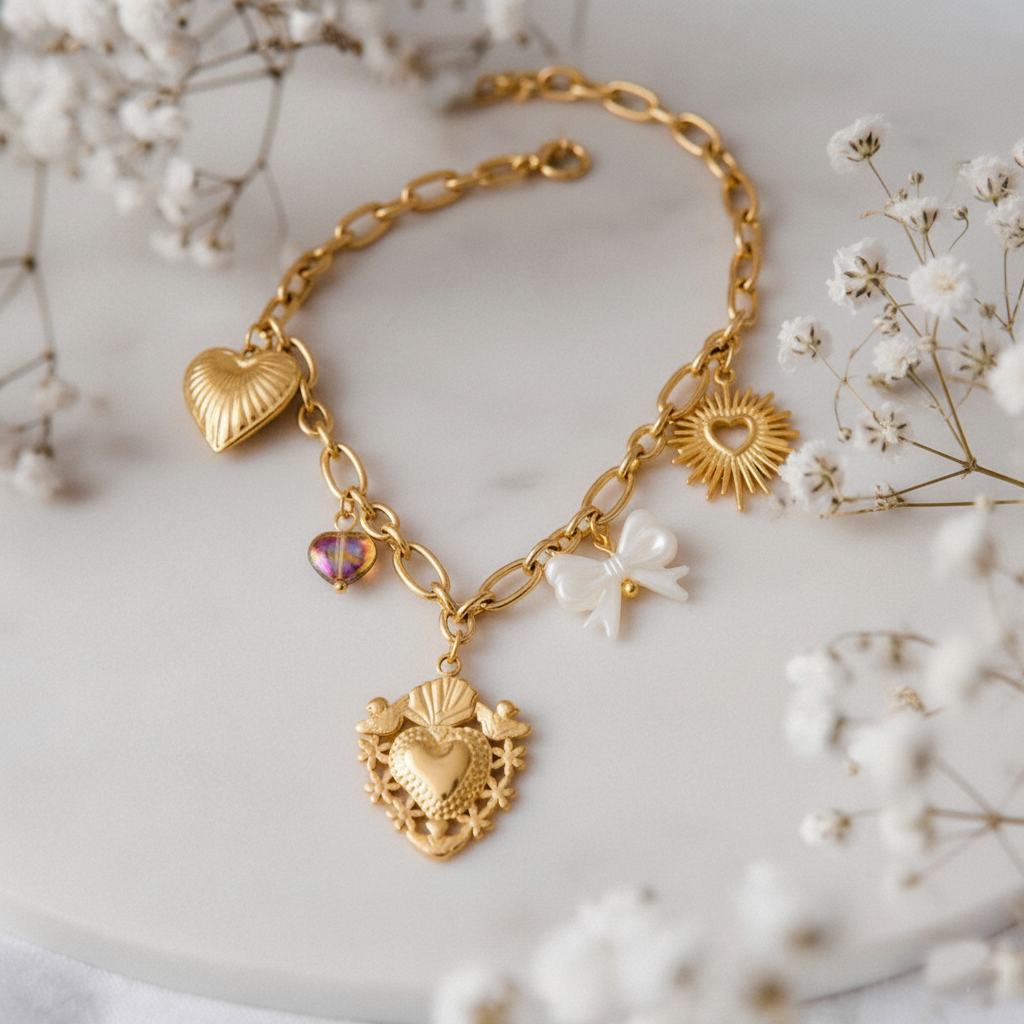 RemindraLux 18K Gold-Plated Sacred Heart Medallion Necklace with Sun, Bow & Glass Heart