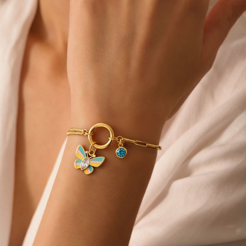 RemindraLux 18K Gold-Plated Dual-Chain Butterfly & Blue Stone Charm Bracelet