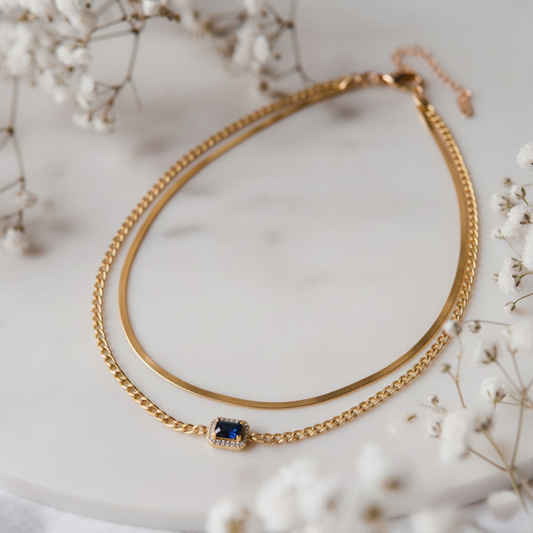 RemindraLux 18K Gold-Plated Double-Layer Necklace with Deep Blue Gemstone Accent