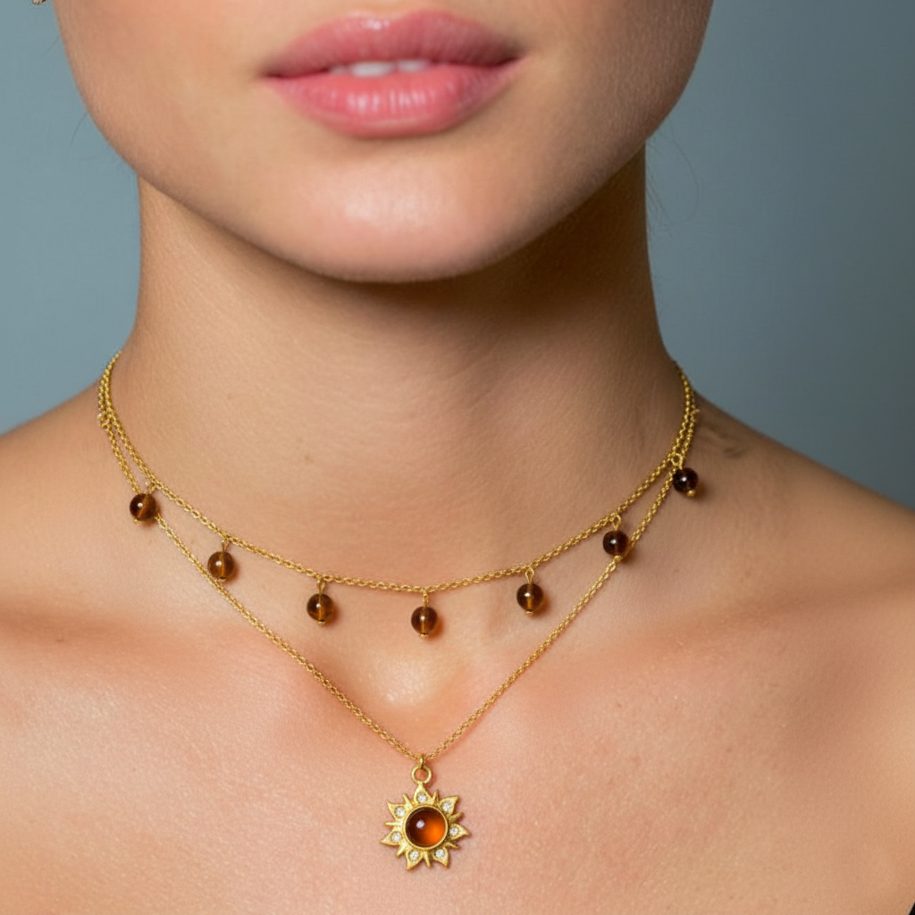 RemindraLux 18K Gold-Plated Dual-Layer Sunburst Gemstone Pendant Necklace