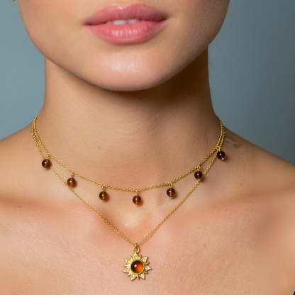 RemindraLux 18K Gold-Plated Dual-Layer Sunburst Gemstone Pendant Necklace