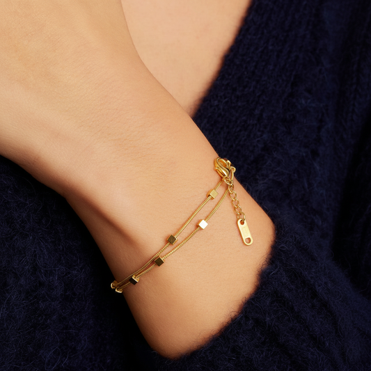 RemindraLux 18K Gold-Plated Dual-Strand Cube-Station Bracelet