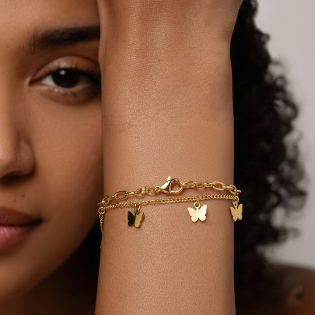 RemindraLux 18K Gold-Plated Butterfly Charm Double-Layer Chain Bracelet