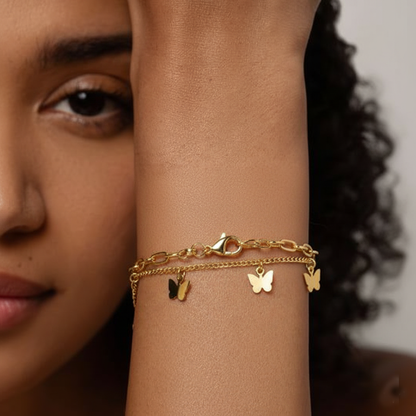 RemindraLux 18K Gold-Plated Butterfly Charm Double-Layer Chain Bracelet