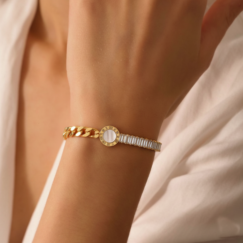 RemindraLux 18K Gold-Plated Dual-Style Bracelet with Roman Dial & Baguette Crystals