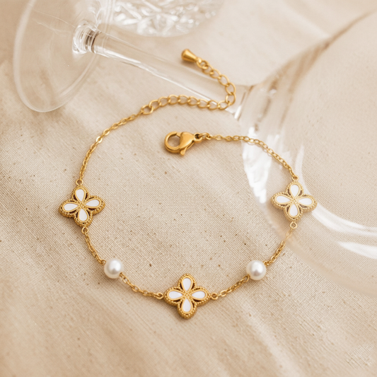 RemindraLux 18K Gold-Plated White Enamel Clover & Pearl Charm Bracelet