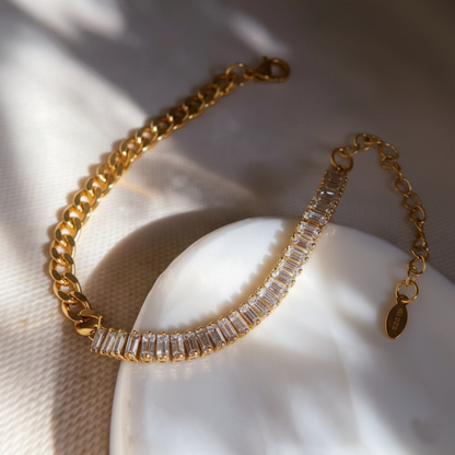 RemindraLux 18K Gold-Plated Half-Link & Half-Crystal Baguette Bracelet